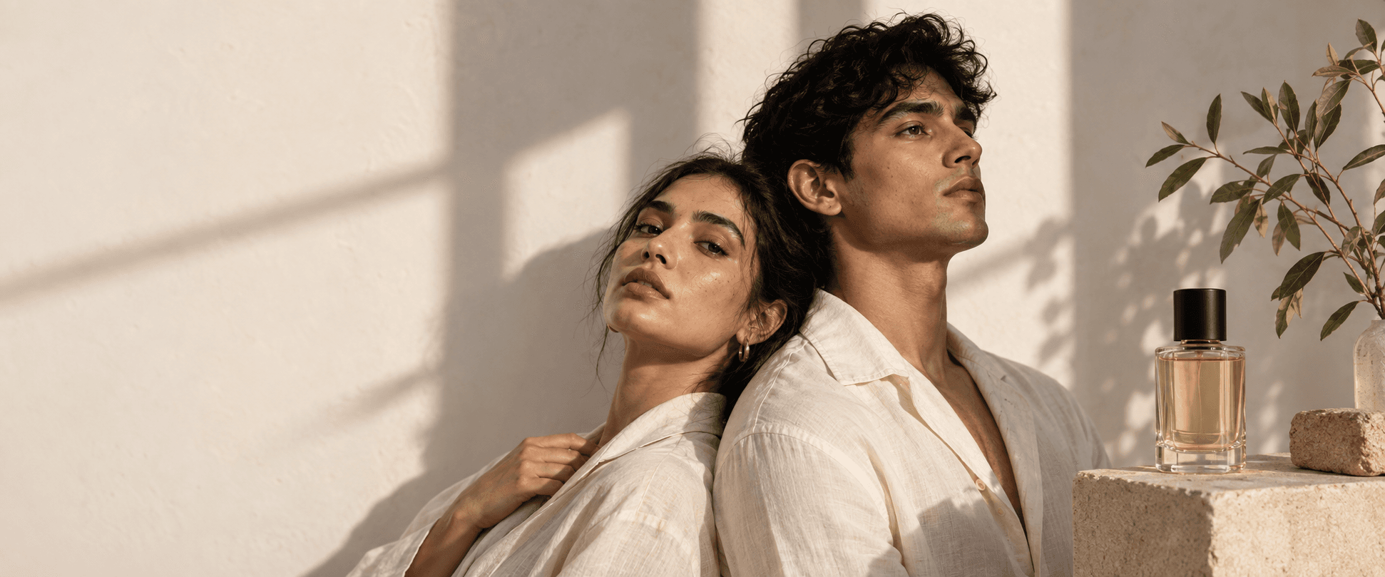 Taiuo campaign artwork of a woman and man in ivory linen, in warm window light